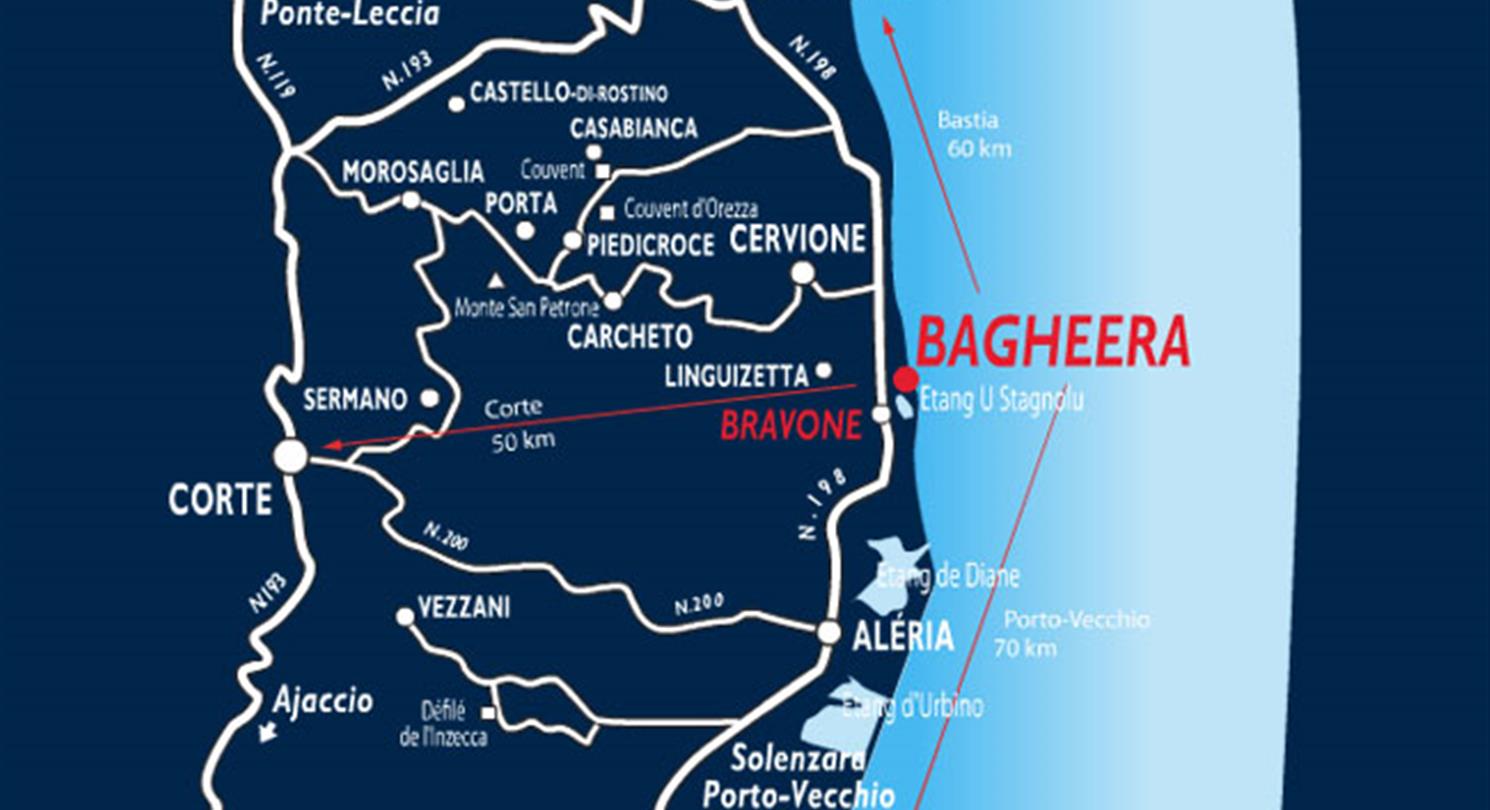 Corsica touringcartoegang tot de 4-sterren naturistencamping Bagheera ten zuiden van Bastia