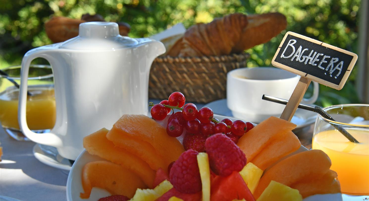 Ontbijt in het restaurant aan zee van de 4-sterren naturistencamping Corsica in Bagheera
